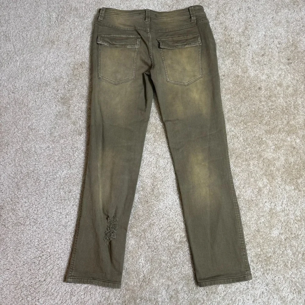 Free People Womens 0 Olive Distressed Utility‎ Jeans Button Fly Flap Pockets